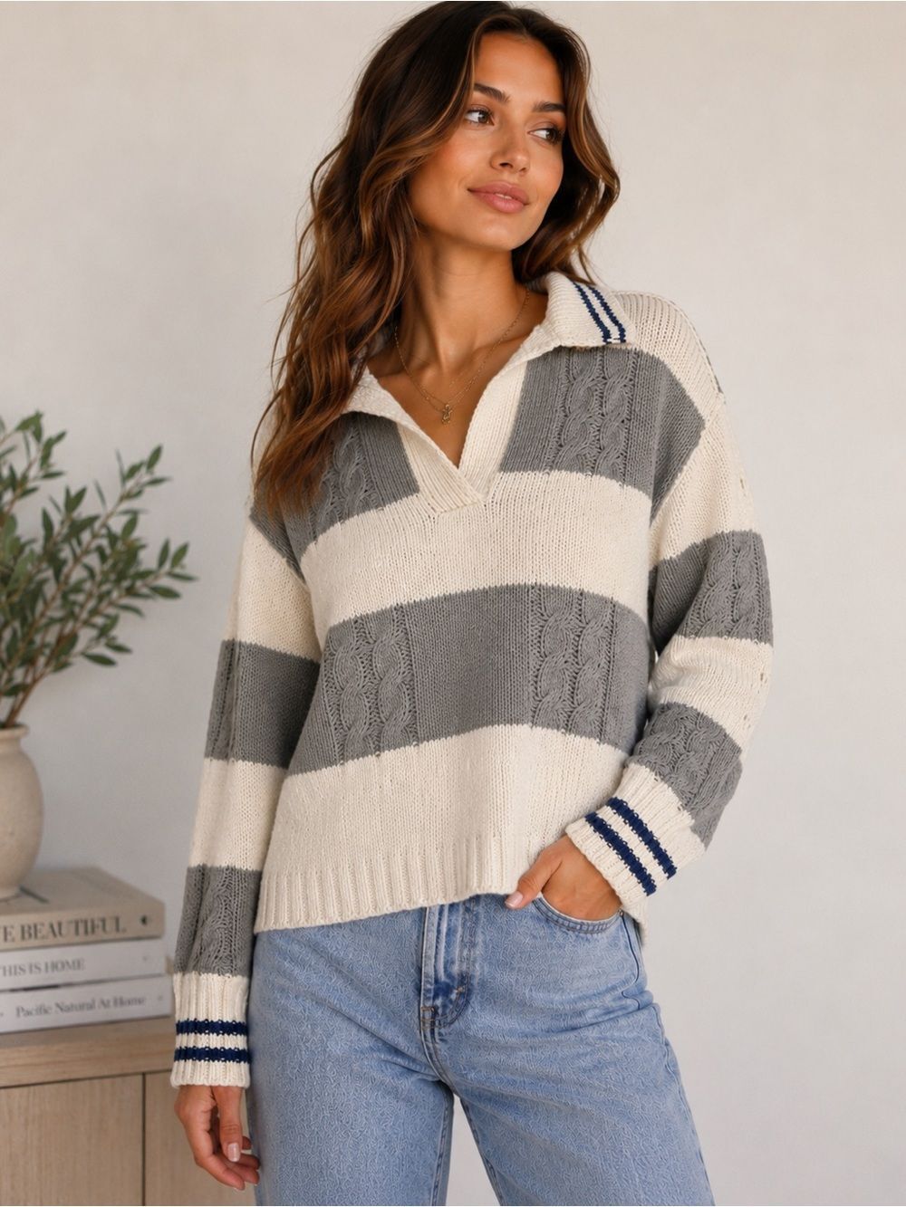 Lucky Brand Cable Knit Rugby Collar Striped Crop Sweater Gray Ivory Size S